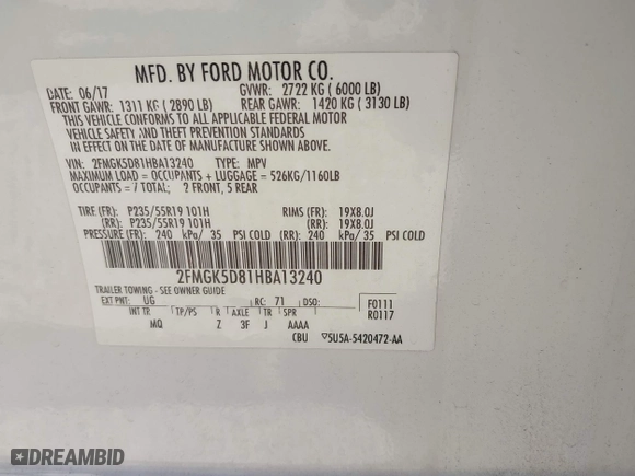 2017 Ford Flex Limited with VIN 2FMGK5D81HBA13240, listed as a IAAI auction lot 41694206 with 113,356 mi miles. Bid and sale history available at carsss.com. Image 9.