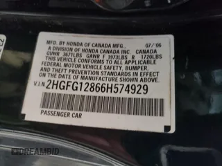 2006 Honda Civic Cpe EX with VIN 2HGFG12866H574929, listed as a Copart auction lot 53510655 with 187,006 mi miles and Salvage Title. Bid and sale history available at carsss.com. Image 13.