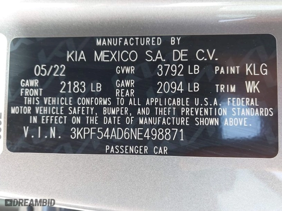 2022 Kia Forte GT-Line with VIN 3KPF54AD6NE498871, listed as a IAAI auction lot 41843585 with 91,918 mi miles. Bid and sale history available at carsss.com. Image 9.