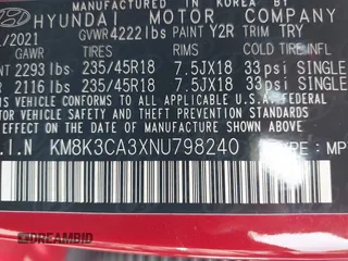 2022 Hyundai Kona N Line with VIN KM8K3CA3XNU798240, listed as a IAAI auction lot 42117790 with 34,276 mi miles and . Bid and sale history available at DreamBid. Image 9.