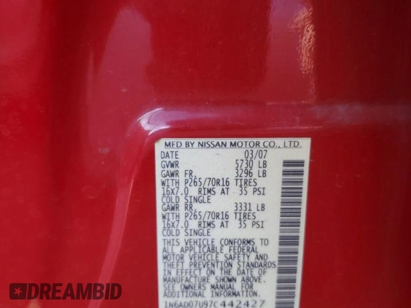 2007 Nissan Frontier SE with VIN 1N6AD07U97C442427, listed as a Copart auction lot 46491795 with 224,903 mi miles and Salvage title. Bid and sale history available at DreamBid. Image 12.