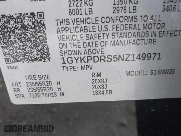 2022 Cadillac XT6 Premium Luxury with VIN 1GYKPDRS5NZ149971, listed as a IAAI auction lot 42259140 with 51,704 mi miles and . Bid and sale history available at DreamBid. Image 9.