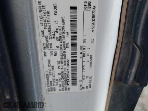 2020 Ford Transit Cargo with VIN 1FTBR1C85LKB00061, listed as a Copart auction lot 41419014 with 72,452 mi miles and . Bid and sale history available at DreamBid. Image 12.