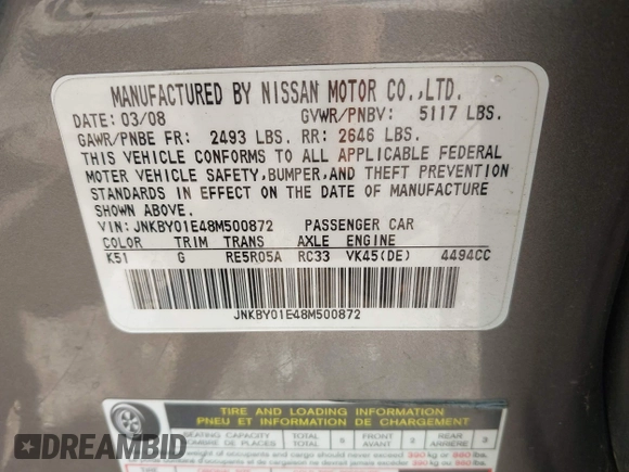 2008 Infiniti M with VIN JNKBY01E48M500872, listed as a IAAI auction lot 42164616 with 147,663 mi miles and . Bid and sale history available at DreamBid. Image 9.