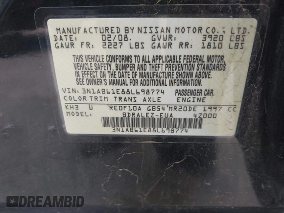 2008 Nissan Sentra S with VIN 3N1AB61E88L698774, listed as a IAAI auction lot 42044786 with 229,505 mi miles and . Bid and sale history available at DreamBid. Image 9.
