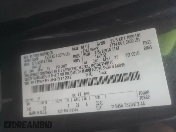 2017 Ford F-150 XL with VIN 1FTEW1EF3HFB11237, listed as a Copart auction lot 45629735 with Not provided miles and Salvage title. Bid and sale history available at DreamBid. Image 12.