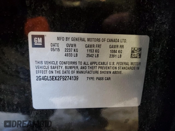2015 Buick Regal z VIN 2G4GL5EX2F9274139, wystawiony jako Copart lot #57461435 z przebiegiem 93 684 mil mil oraz Szkoda całkowita • Salvage title. Historia ofert i sprzedaży dostępna na DreamBid. Obrazek 12.