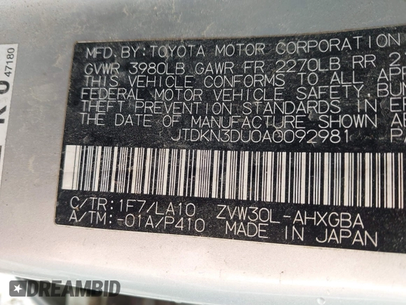 2010 Toyota Prius II with VIN JTDKN3DU0A0092981, listed as a IAAI auction lot 42063196 with 201,306 mi miles. Bid and sale history available at carsss.com. Image 9.