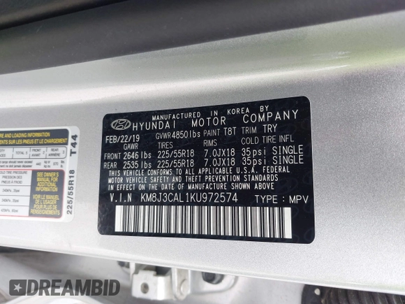 2019 Hyundai Tucson Limited with VIN KM8J3CAL1KU972574, listed as a IAAI auction lot 41932242 with 41,677 mi miles and . Bid and sale history available at DreamBid. Image 9.