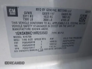 2017 Chevrolet Tahoe LT z VIN 1GNSKBKC1HR233583, wystawiony jako IAAI lot #41985848 z przebiegiem 171 665 mil mil oraz . Historia ofert i sprzedaży dostępna na DreamBid. Obrazek 9.