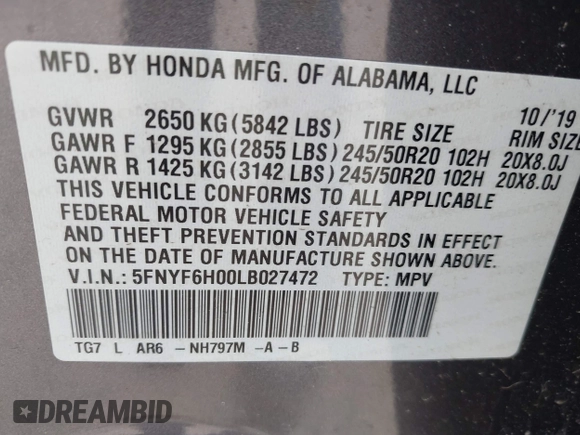 2020 Honda Pilot Elite with VIN 5FNYF6H00LB027472, listed as a IAAI auction lot 42253478 with 69,988 mi miles and . Bid and sale history available at DreamBid. Image 9.