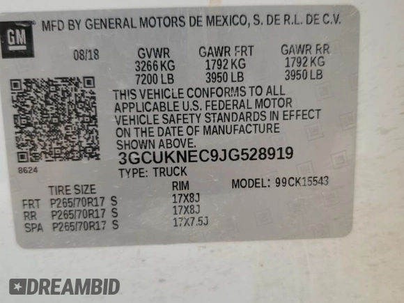 2018 Chevrolet Silverado 1500 Work Truck with VIN 3GCUKNEC9JG528919, listed as a Copart auction lot 54862325 with 144,858 mi miles and Clean Title. Bid and sale history available at DreamBid. Image 12.