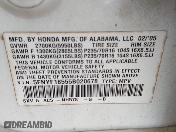 2005 Honda Pilot EX-L z VIN 5FNYF18555B020678, wystawiony jako IAAI lot #41474519 z przebiegiem 250 064 mil mil oraz . Historia ofert i sprzedaży dostępna na DreamBid. Obrazek 9.