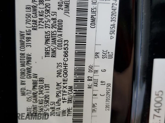 2017 Ford F-150 XL z VIN 1FTFX1EG0HFC66533, wystawiony jako Copart lot #53564595 z przebiegiem 129 351 mil mil oraz Szkoda całkowita • Salvage title. Historia ofert i sprzedaży dostępna na DreamBid. Obrazek 13.