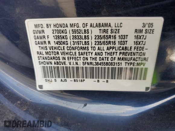 2005 Honda Odyssey EX with VIN 5FNRL38455B083151, listed as a Copart auction lot 51298125 with 210,854 mi miles and Salvage Title. Bid and sale history available at carsss.com. Image 15.