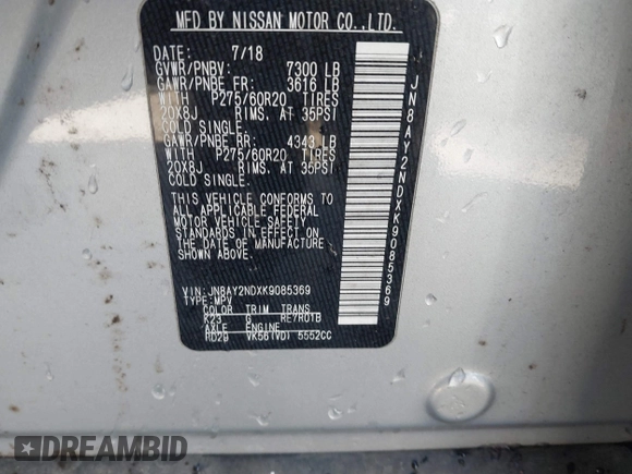 2019 Nissan Armada SL with VIN JN8AY2NDXK9085369, listed as a IAAI auction lot 41265930 with Not provided miles and . Bid and sale history available at DreamBid. Image 9.