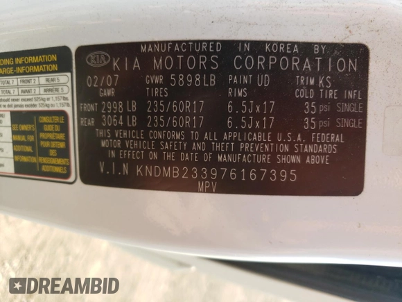 2007 Kia Sedona EX with VIN KNDMB233976167395, listed as a Copart auction lot 68980314 with 119,141 mi miles and Salvage Title. Bid and sale history available at carsss.com. Image 15.