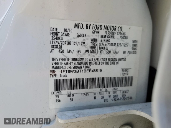 2011 Ford F-350 XL with VIN 1FT8W3BT1BEB46519, listed as a Copart auction lot 49708715 with Not Provided miles and Salvage Title. Bid and sale history available at DreamBid. Image 13.
