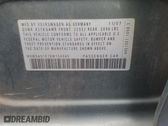 2008 Volkswagen Rabbit S with VIN WVWDA91K78W154569, listed as a Copart auction lot 42245345 with 131,742 mi miles and Salvage title. Bid and sale history available at DreamBid. Image 13.