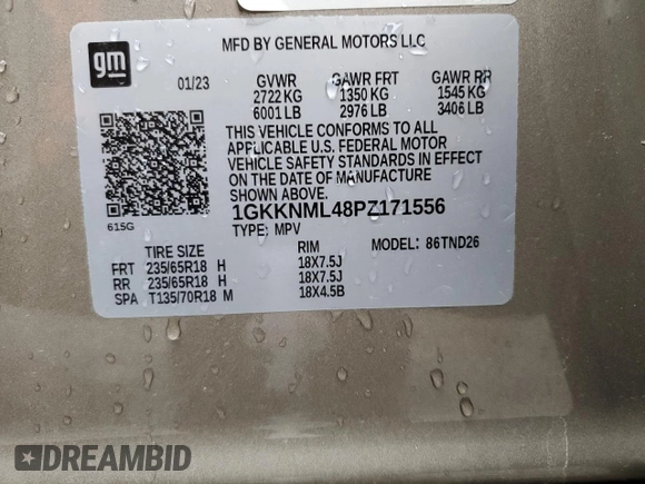 2023 GMC Acadia SLT with VIN 1GKKNML48PZ171556, listed as a Copart auction lot 88876595 with Not Provided miles and Non Repairable. Bid and sale history available at DreamBid. Image 13.