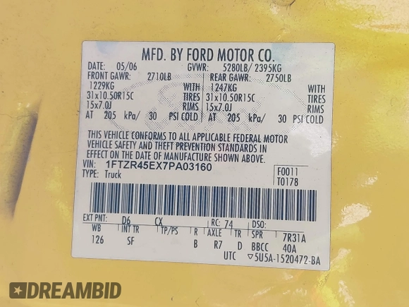 2007 Ford Ranger XLT with VIN 1FTZR45EX7PA03160, listed as a IAAI auction lot 41410265 with 118,550 mi miles. Bid and sale history available at carsss.com. Image 9.
