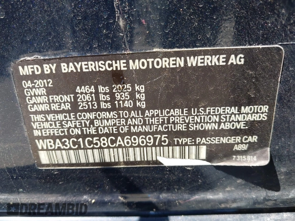 2012 BMW 3 Series 328i with VIN WBA3C1C58CA696975, listed as a IAAI auction lot 42507653 with 136,036 mi miles and . Bid and sale history available at DreamBid. Image 9.