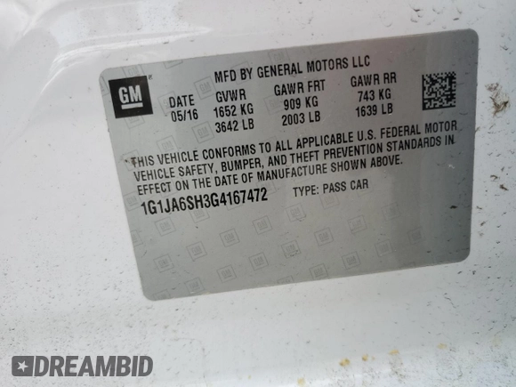 2016 Chevrolet Sonic LS with VIN 1G1JA6SH3G4167472, listed as a Copart auction lot 53457405 with 45,221 mi miles and Salvage title. Bid and sale history available at DreamBid. Image 12.