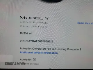 2023 Tesla Model Y Long Range with VIN 7SAYGAEE6PF689615, listed as a Copart auction lot 50999385 with 16,514 mi miles and Salvage Title. Bid and sale history available at DreamBid. Image 9.