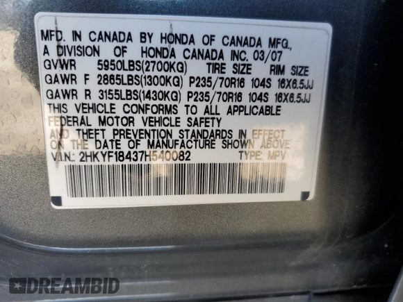2007 Honda Pilot EX with VIN 2HKYF18437H540082, listed as a Copart auction lot 49068285 with 180,679 mi miles and Salvage Title. Bid and sale history available at DreamBid. Image 15.