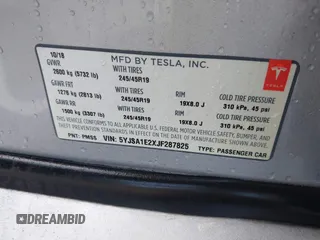2018 Tesla Model S 75D with VIN 5YJSA1E2XJF287825, listed as a IAAI auction lot 41912116 with Not Provided miles and . Bid and sale history available at DreamBid. Image 9.
