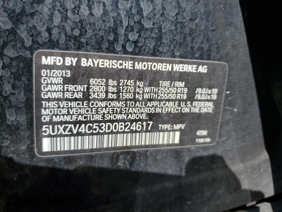 2013 BMW X5 xDrive35i z VIN 5UXZV4C53D0B24617, wystawiony jako Copart lot #48004515 z przebiegiem Nie podano mil oraz Szkody całkowita. Historia ofert i sprzedaży dostępna na DreamBid. Obrazek 13.