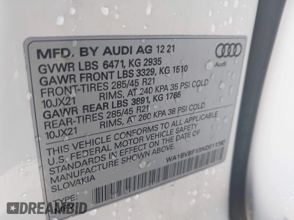 2022 Audi Q8 Premium Plus with VIN WA1BVBF13ND011283, listed as a IAAI auction lot 41364694 with 63,079 mi miles. Bid and sale history available at carsss.com. Image 9.