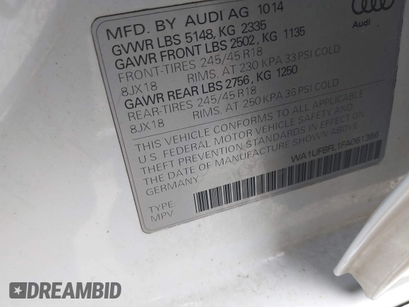 2015 Audi allroad A6 V8 with VIN WA1UFBFL1FA061366, listed as a IAAI auction lot 41870949 with 108,315 mi miles and . Bid and sale history available at DreamBid. Image 9.
