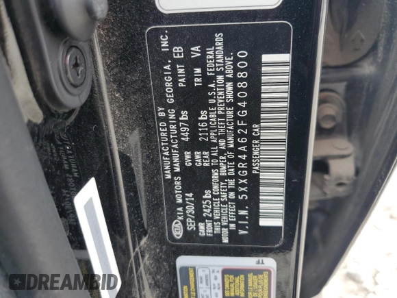 2015 Kia Optima SX Turbo with VIN 5XXGR4A62FG408800, listed as a Copart auction lot 52152955 with 78,195 mi miles and Clean Title. Bid and sale history available at carsss.com. Image 12.