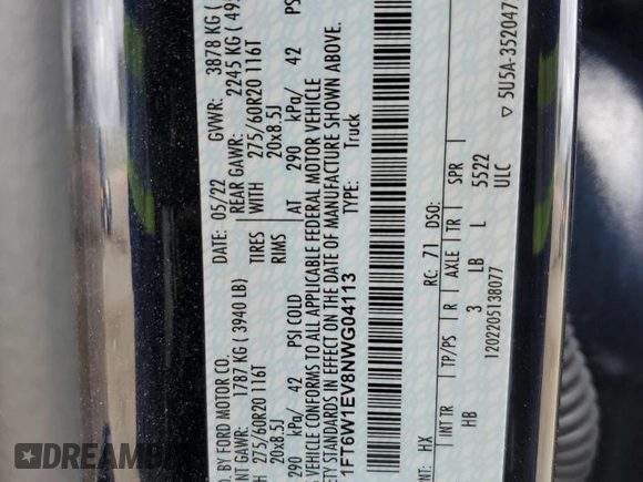 2022 Ford F-150 Lightning Pro z VIN 1FT6W1EV8NWG04113, wystawiony jako Copart lot #51413924 z przebiegiem Nie podano mil oraz Szkoda całkowita • Salvage title. Historia ofert i sprzedaży dostępna na DreamBid. Obrazek 12.
