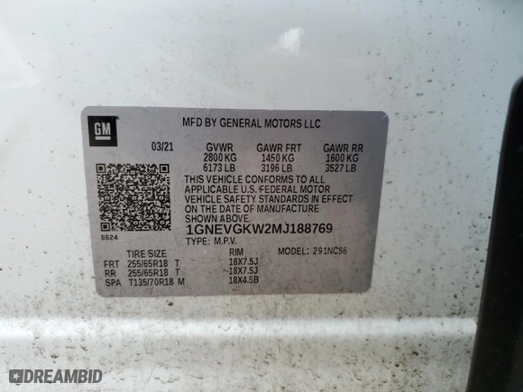 2021 Chevrolet Traverse LT Cloth with VIN 1GNEVGKW2MJ188769, listed as a Copart auction lot 47722285 with 48,169 mi miles and Salvage Title. Bid and sale history available at carsss.com. Image 13.