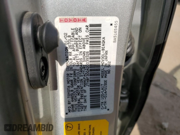 2002 Lexus ES 300 with VIN JTHBF30G420039326, listed as a Copart auction lot 57362965 with 182,175 mi miles and Clean title. Bid and sale history available at DreamBid. Image 12.
