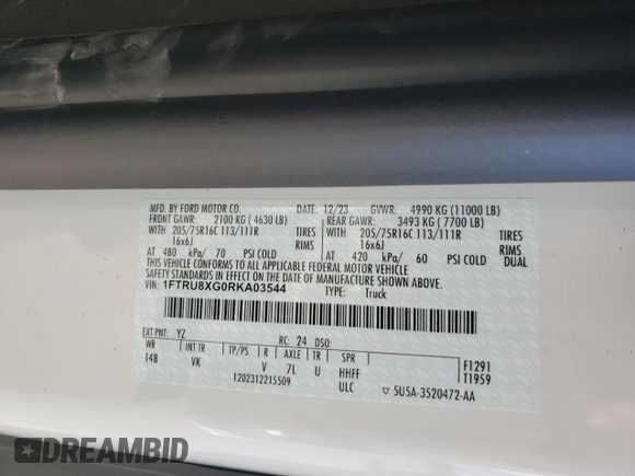 2024 Ford Transit Cargo with VIN 1FTRU8XG0RKA03544, listed as a Copart auction lot 80973924 with 3,415 mi miles and Salvage Title. Bid and sale history available at DreamBid. Image 12.
