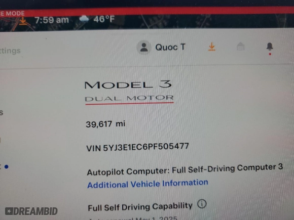 2023 Tesla Model 3 Performance with VIN 5YJ3E1EC6PF505477, listed as a Copart auction lot 51263875 with 39,617 mi miles and Salvage Title. Bid and sale history available at carsss.com. Image 9.