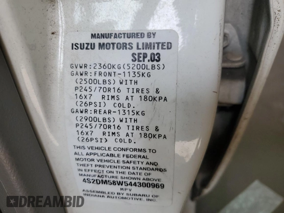2004 Isuzu Rodeo S with VIN 4S2DM58W544300969, listed as a Copart auction lot 69563444 with 304,129 mi miles and Non Repairable. Bid and sale history available at DreamBid. Image 15.