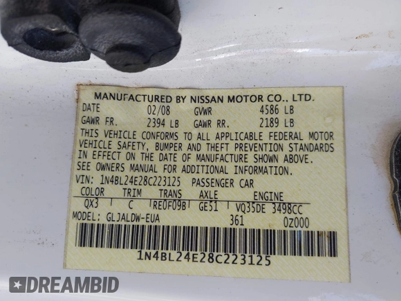 2008 Nissan Altima 3.5 SE with VIN 1N4BL24E28C223125, listed as a IAAI auction lot 41968477 with 115,446 mi miles. Bid and sale history available at carsss.com. Image 9.