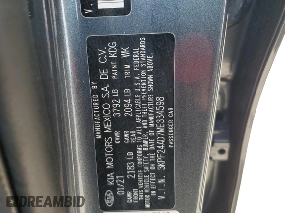 2021 Kia Forte LXS with VIN 3KPF24AD7ME334598, listed as a Copart auction lot 50231785 with 37,448 mi miles and Salvage Title. Bid and sale history available at DreamBid. Image 12.