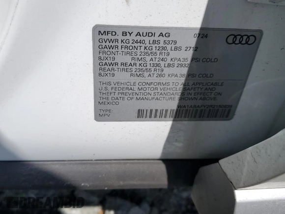 2024 Audi Q5 Premium with VIN WA1ABAFY2R2150639, listed as a Copart auction lot 57469535 with 6,557 mi miles and Salvage title. Bid and sale history available at DreamBid. Image 14.