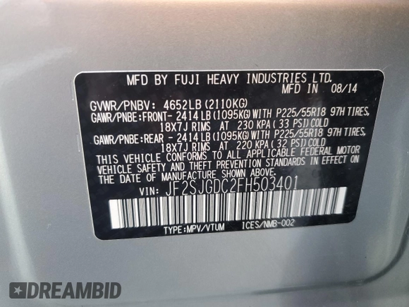 2015 Subaru Forester 2.0XT Premium with VIN JF2SJGDC2FH503401, listed as a Copart auction lot 50655705 with 116,319 mi miles and Clean Title. Bid and sale history available at carsss.com. Image 13.