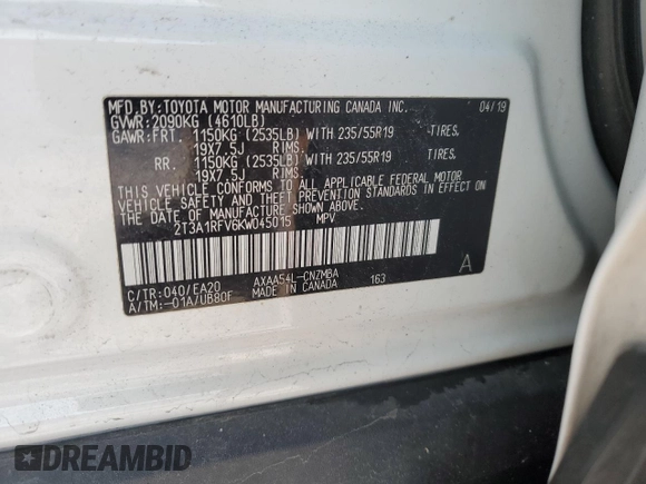 2019 Toyota RAV4 XLE Premium with VIN 2T3A1RFV6KW045015, listed as a Copart auction lot 87649145 with 48,311 mi miles and Salvage Title. Bid and sale history available at carsss.com. Image 13.