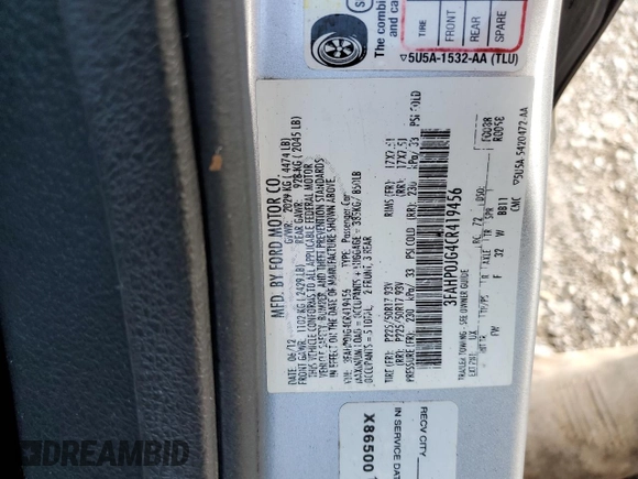 2012 Ford Fusion SEL with VIN 3FAHP0JG4CR419456, listed as a Copart auction lot 61460805 with 368,131 mi miles and Salvage title. Bid and sale history available at DreamBid. Image 12.