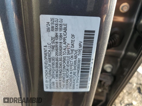 2025 Honda Pilot EX-L with VIN 5FNYG1H44SB063991, listed as a Copart auction lot 47678335 with 5 mi miles and Salvage title. Bid and sale history available at DreamBid. Image 13.