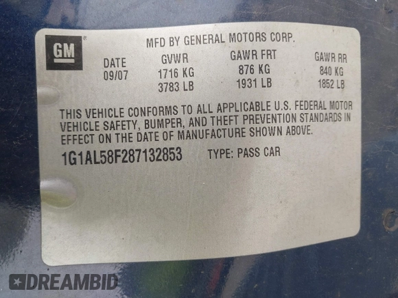 2008 Chevrolet Cobalt LT z VIN 1G1AL58F287132853, wystawiony jako IAAI lot #42162107 z przebiegiem 174 386 mil mil oraz . Historia ofert i sprzedaży dostępna na DreamBid. Obrazek 9.