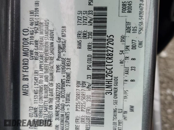 2012 Lincoln MKZ with VIN 3LNHL2GC1CR827205, listed as a Copart auction lot 58235995 with 101,577 mi miles and Clean title. Bid and sale history available at DreamBid. Image 12.