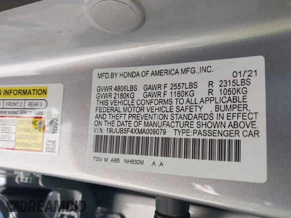 2021 Acura TLX Technology with VIN 19UUB5F4XMA009079, listed as a IAAI auction lot 41271138 with 67,761 mi miles and . Bid and sale history available at DreamBid. Image 9.